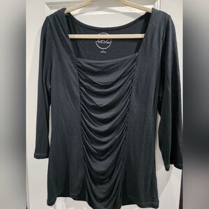 INC International Concepts Black Rouched Center Top Blouse Shirt Women L